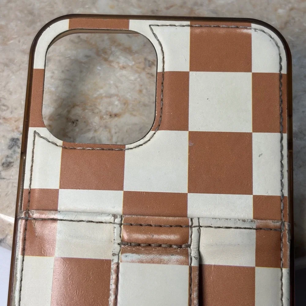 Walli iPhone‎ 12 Pro Max Case Tan Cream Checkered Strap Card Slot